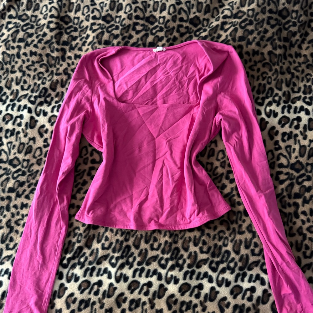 Garage Long Sleeve Scoop Neck Top in Bright Pink